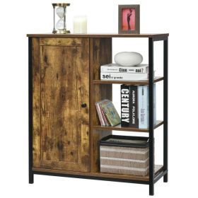 Modern Industrial Black Metal Brown Wood Sideboard Buffet Storage Shelf Cabinet -